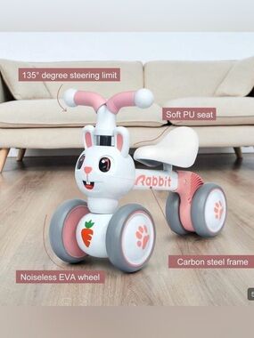 Pink Rabbit Ride-On Trike for Kids - Soft PU Seat